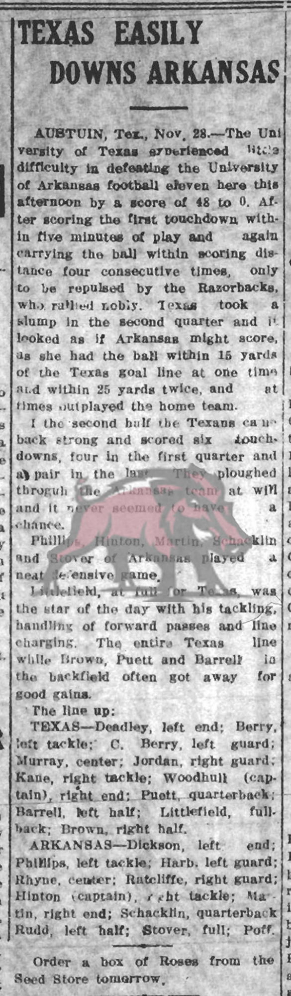 1912-11-29 Fayetteville Daily_Page 1 UA v. Texas